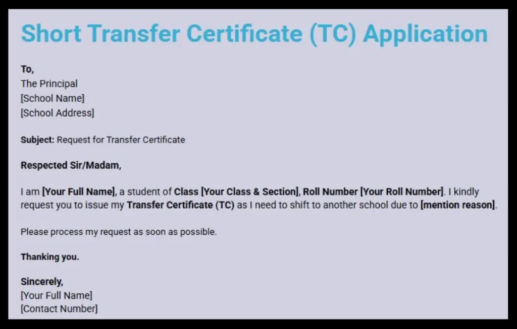 Transfer Certificate Application in English