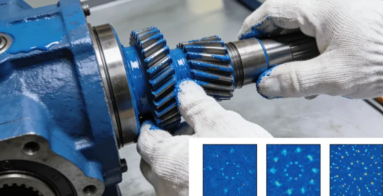 Close-up of a technician performing a contact pattern test (bluing) on a worm gear set, with diagnostic charts showing ideal and faulty contact patterns.