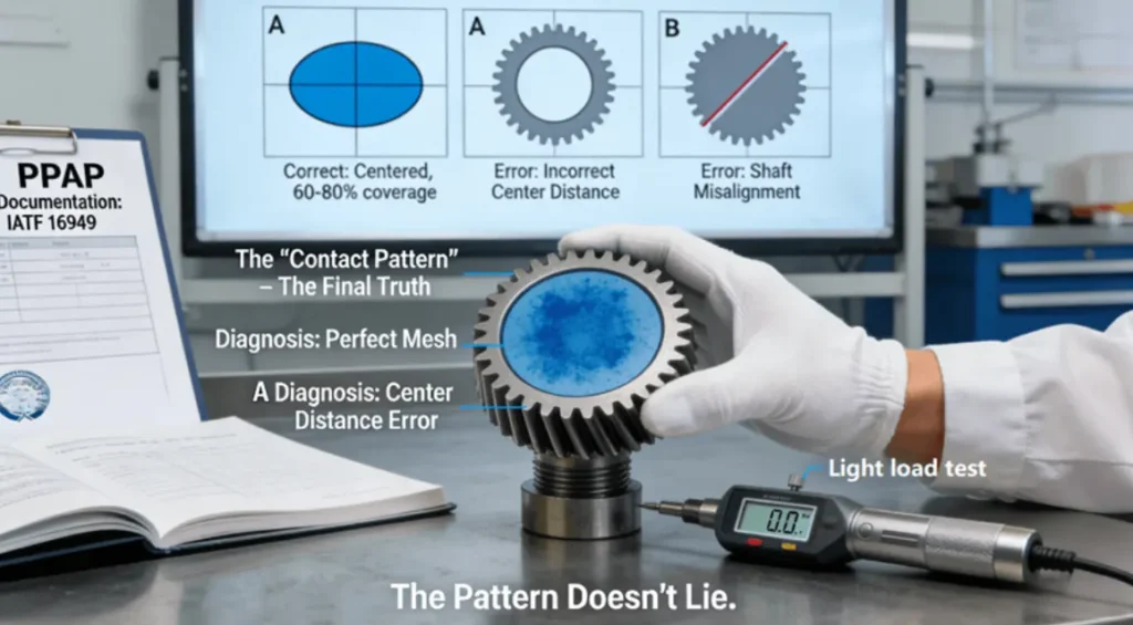 A gloved hand inspects a perfect, centered blue contact pattern on the teeth of a worm in an assembled gear set. A whiteboard in the background compares ideal and faulty patterns, with a PPAP document and IATF 16949 logo on the workbench, illustrating the test as the ultimate assembly diagnostic.
