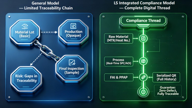 Infographic comparing the fragmented, limited traceability of a generic stamping supply chain (left) with the complete, integrated digital thread and closed-loop quality system enabled by multi-layer compliance (AS9100D, IATF 16949) as practiced by OEM experts like LS (right), as detailed in the H2-8 section.