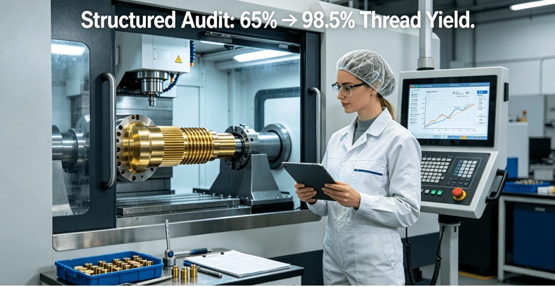 Female technician reviewing SPC data on a tablet beside a CNC machine showing a finished brass connector part with high-quality threading.